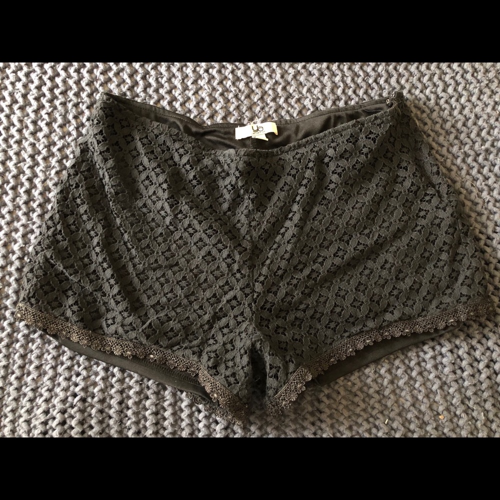 Crochet Style Black Shorts w Embroidered Trim